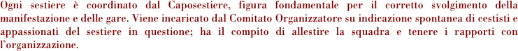 
Ogni sestiere è coordinato dal Caposestiere, figura fondamentale per il corretto svolgimento della manifestazione e delle gare. Viene incaricato dal Comitato Organizzatore su indicazione spontanea di cestisti e appassionati del sestiere in questione; ha il compito di allestire la squadra e tenere i rapporti con l’organizzazione. 

 

